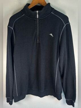 Tommy Bahama Tobago Bay Men’s Half Zip Pullover Sweater Size M Black Gray Cotton